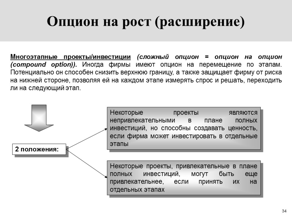 34 Опцион на рост (расширение) Многоэтапные проекты/инвестиции (сложный опцион = опцион на опцион (compound